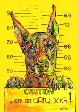 aRtyDoG…appelons-le Arty, Dobermann, âge inconnu, pays inconnu.
Acrylique sur papier coloré épais beaux-arts, 300gr/m², 59,4x84cm