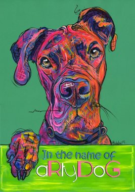 aRtyDoG Milo, Dogue Allemand ou Danois, Garçon, 3 ans, Allemagne.
Acrylique sur papier coloré épais beaux-arts, 300gr/m², 59,4x84cm